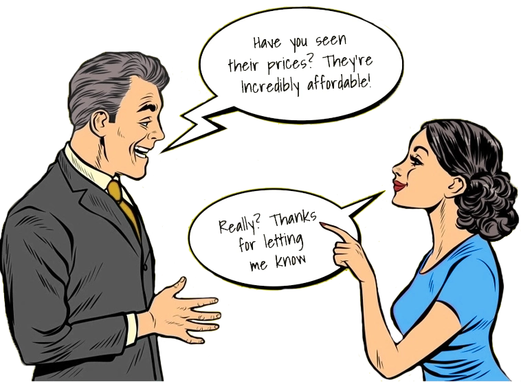 As they discuss pricing and samples, speech bubbles in bold, comic book-style lettering emerge from their mouths, conveying the back-and-forth dialogue between the two characters