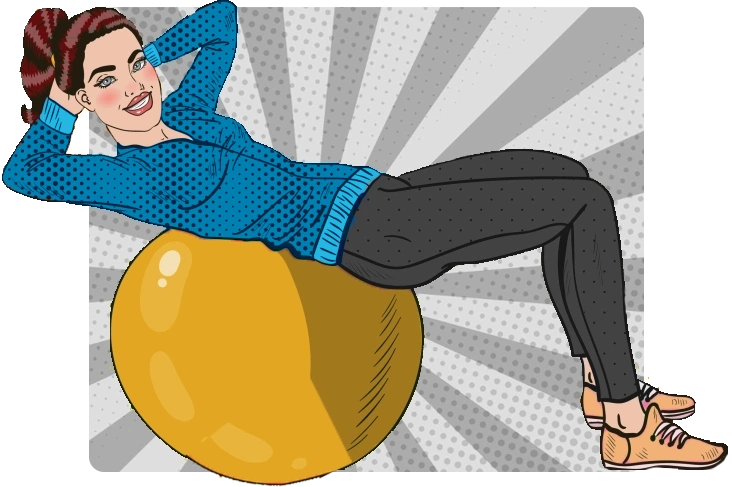 Pop art smiling woman exercising on fitness ball