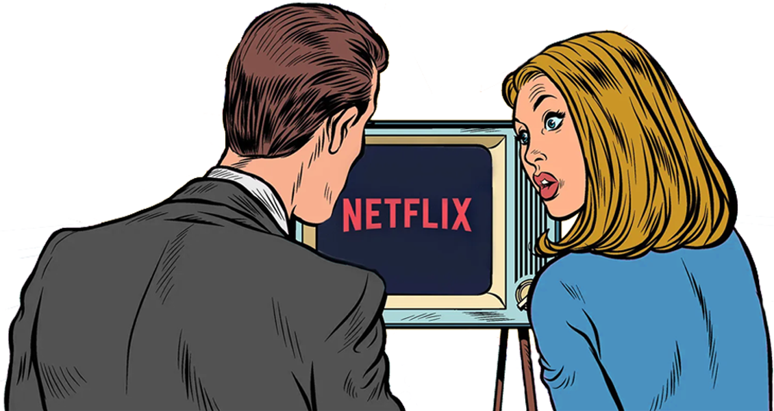 The image depicts a couple engrossed in a Netflix session, rendered in a vibrant pop art style. The background is likely a bold, eye-catching color, typical of pop art, with the couple situated in the foreground.