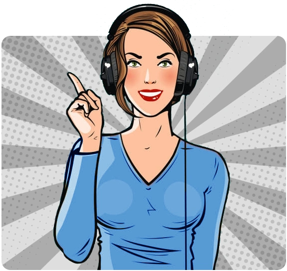 A vibrant pop art illustration features a stylish woman in retro attire, striking a dynamic pose as she points her finger at Audio Description explanation.
